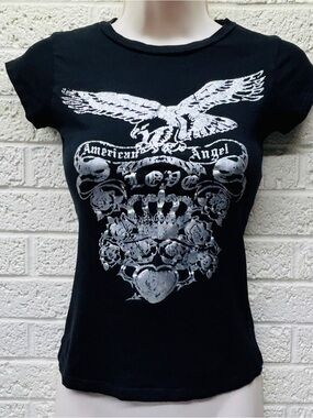 VTG‼ Y2K LOLA Sz M Black & Silver American Angel Eagle Biker Graphic Tee • VG‼